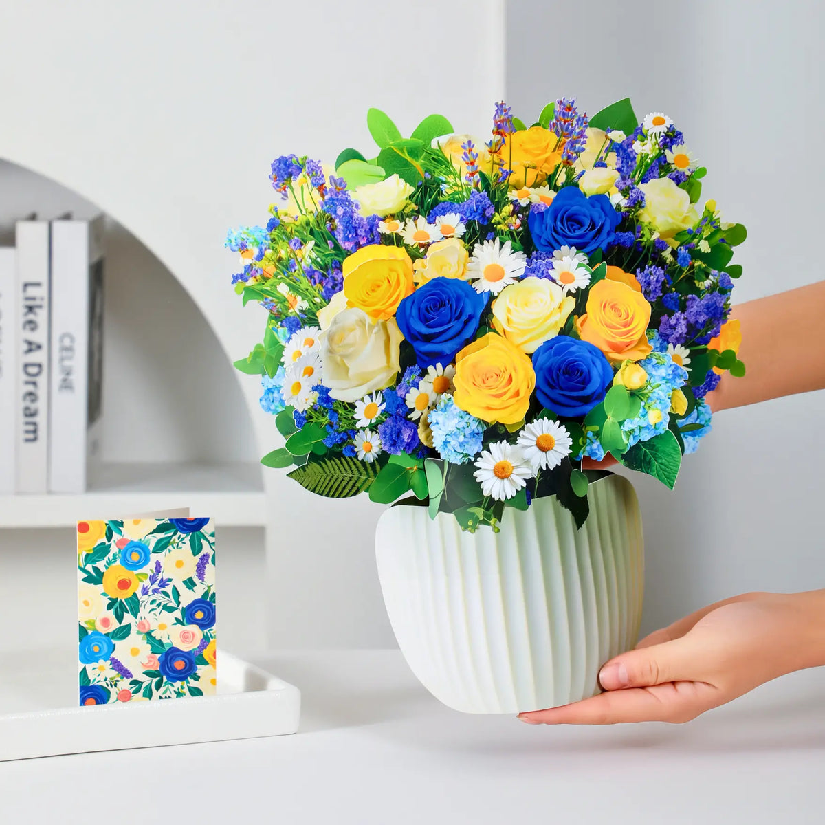 Cerulean-Dream-paper-pop-up-bouquet-of-blue-and-gold-roses-—-PetalPal