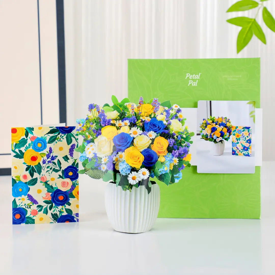 Mini-Cerulean-Dream-small-paper-pop-up-bouquet-of-blue-and-gold-roses-—-PetalPal