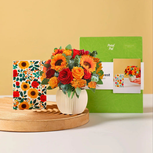 Mini Golden Harvest small paper pop-up bouquet of roses and sunflowers — PetalPal