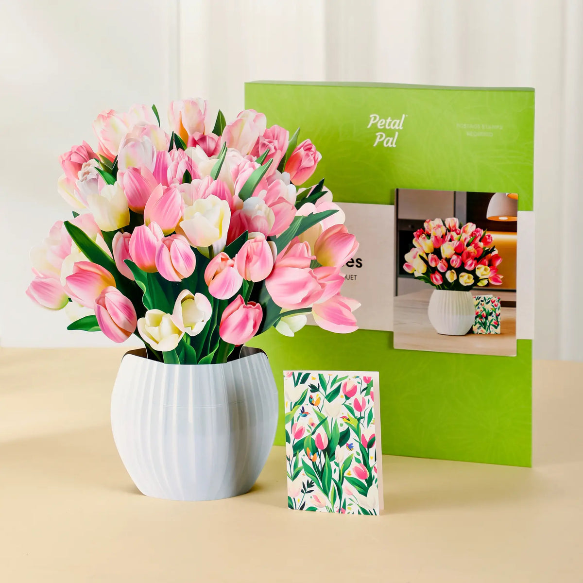 Tulip-Kisses-paper-pop-up-bouquet-of-pink-and-cream-tulips-—-PetalPal