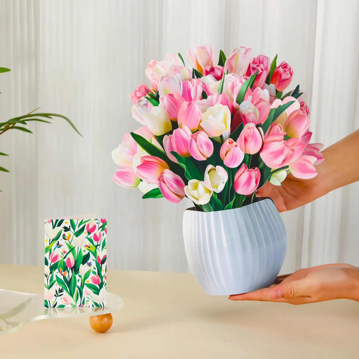 Tulip-Kisses-paper-pop-up-bouquet-of-pink-and-cream-tulips-—-PetalPal
